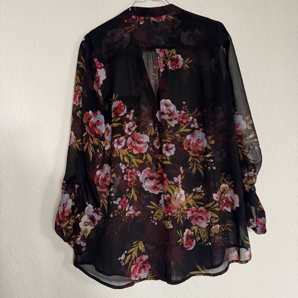 Kut From The Kloth Sheer Black Pink Floral Button Front Blouse Top Women Size L